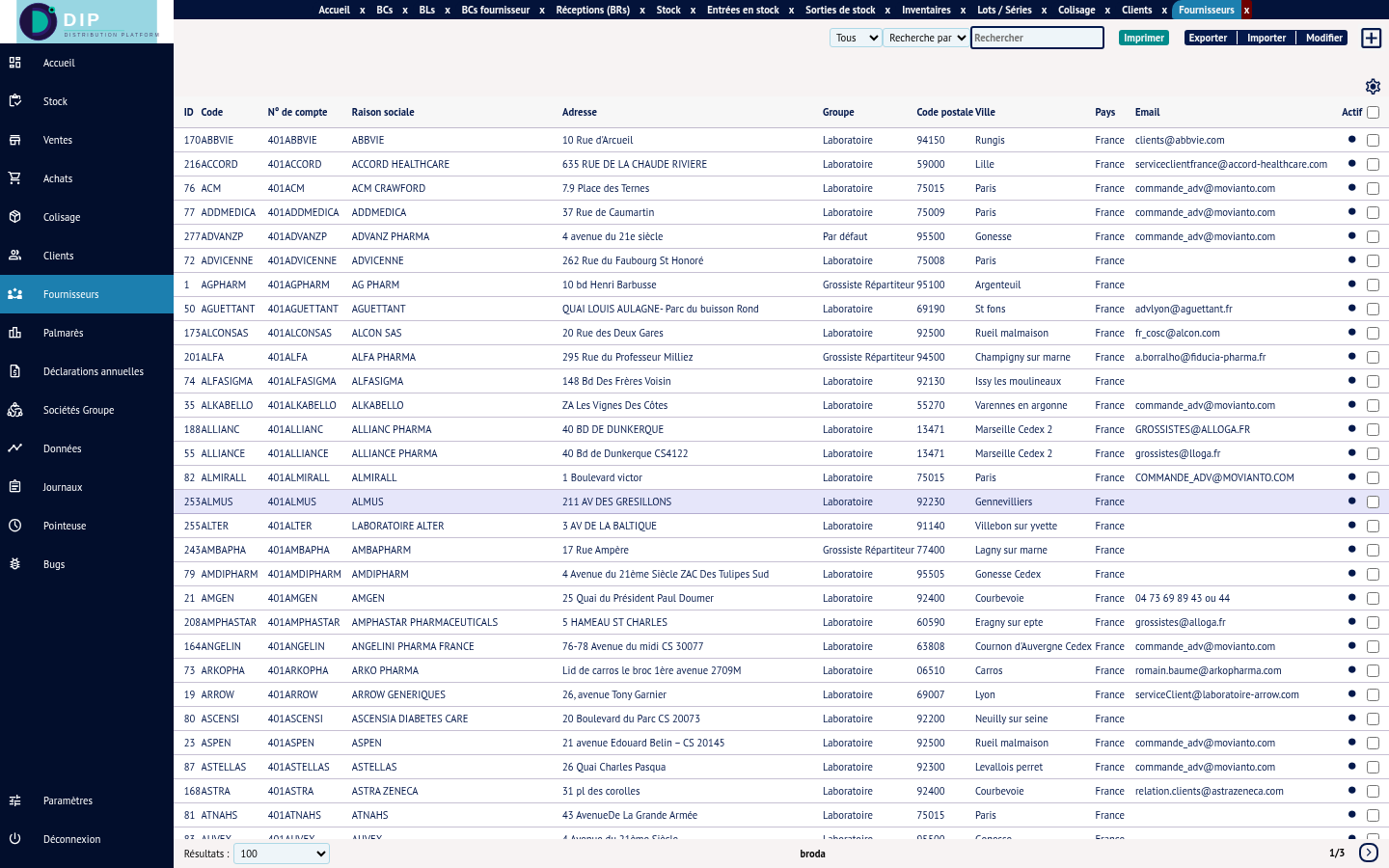 Liste des fournisseurs