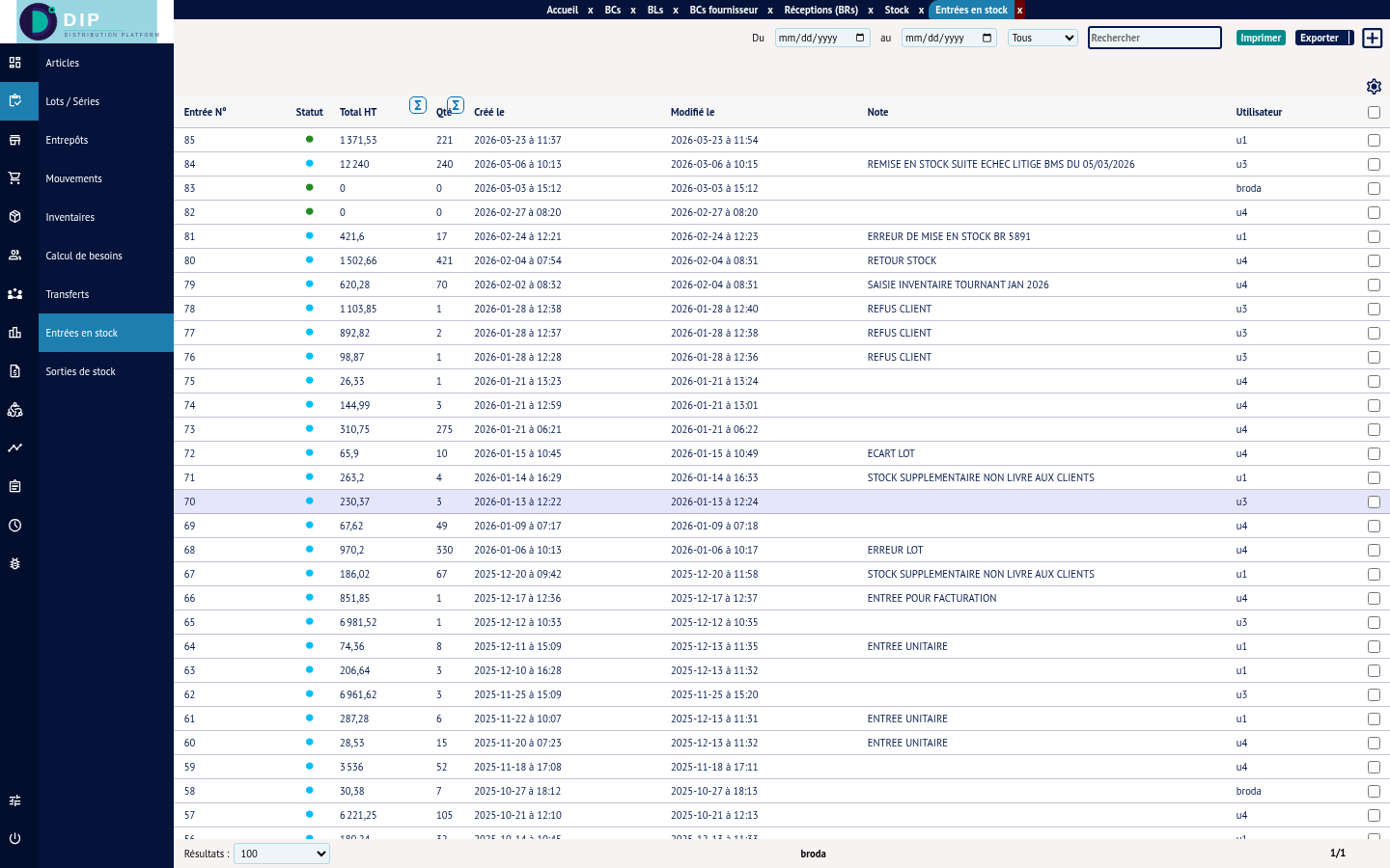 Liste des entrées de stock