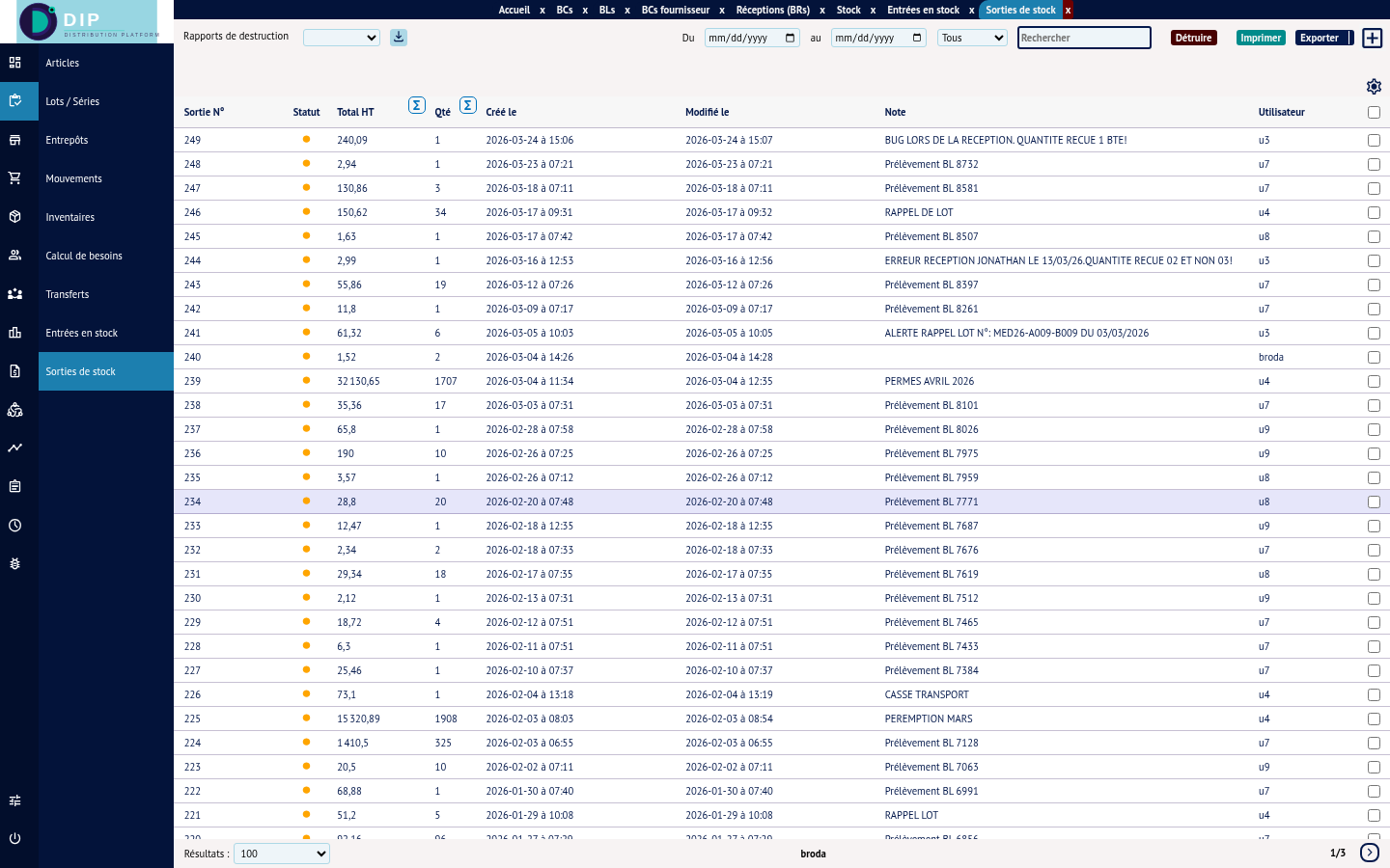 Liste des sorties de stock